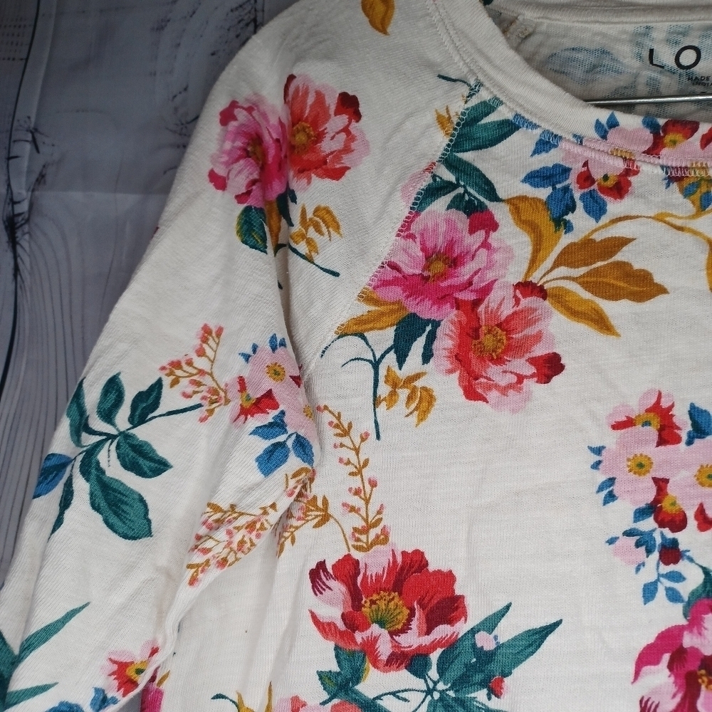 LOFT 100% Cotton Long Sleeve Floral Print Top - Cream and Pink Size S - Picture 7 of 16